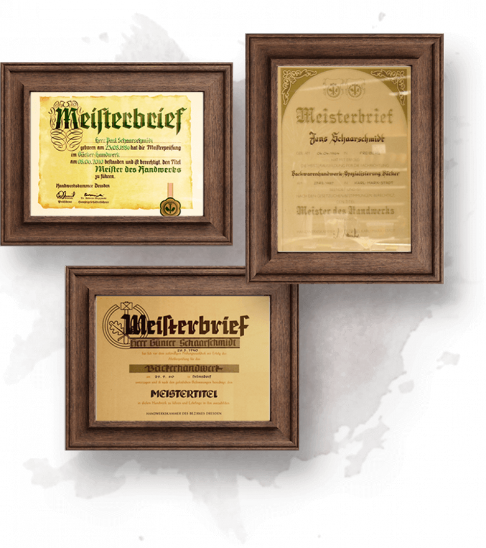 Historische Meisterbriefe in Bilderrahmen